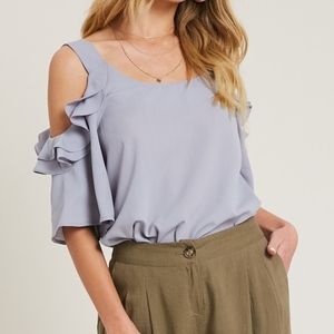 Cool Gray Open Shoulder Flutter Sleeve Top
